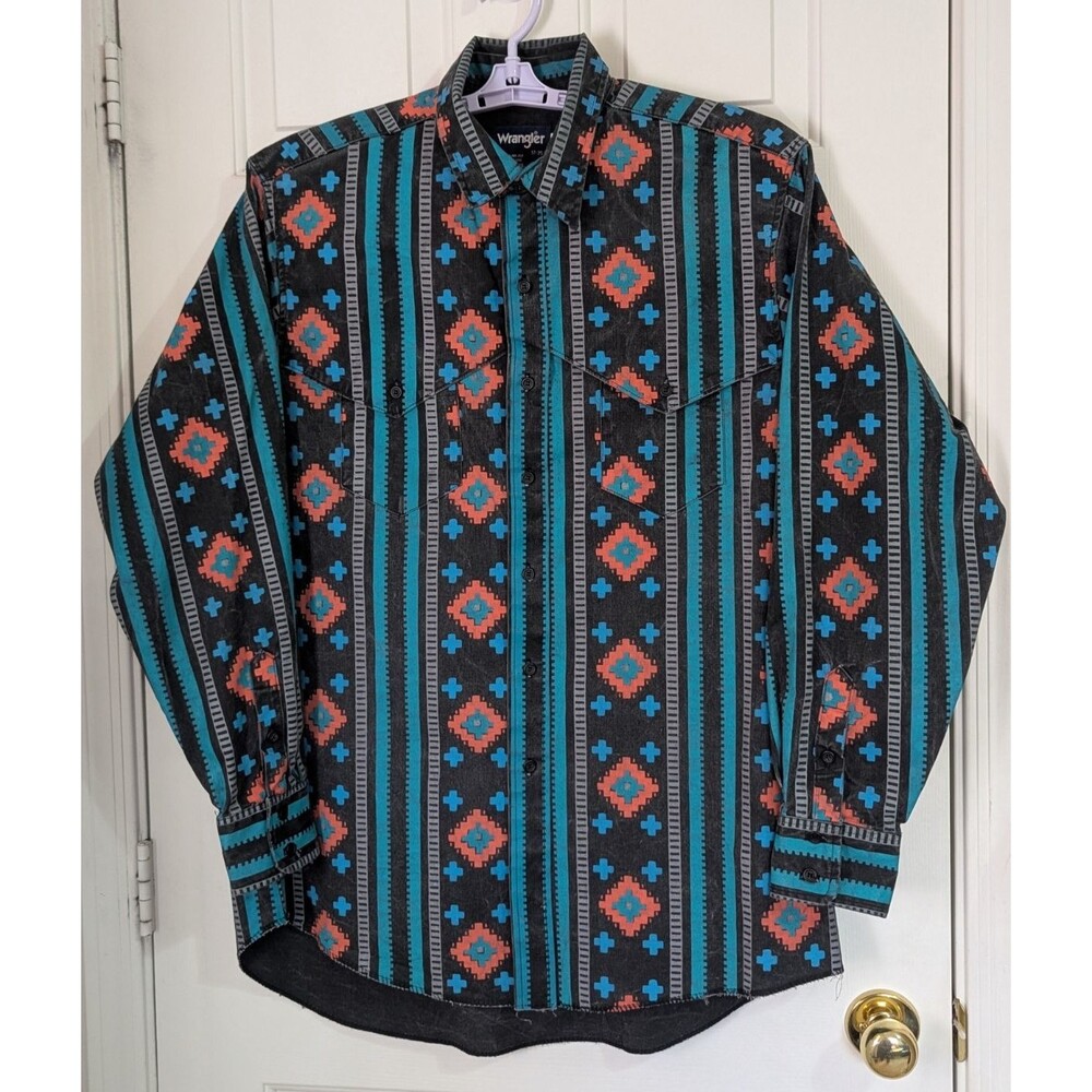 VTG Wrangler Western Button L/S Shirt Mens XL Black Heavyweight Aztec Rodeo 90s